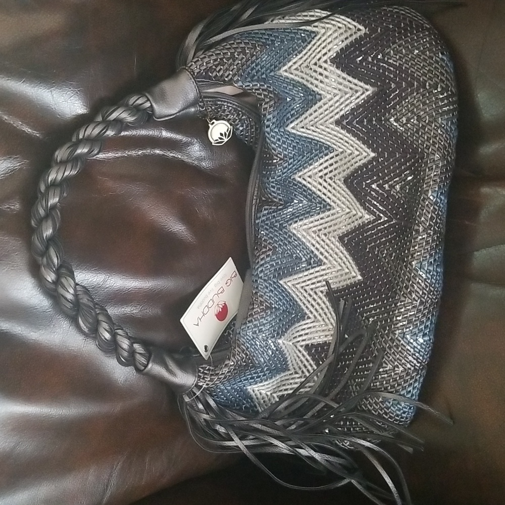 Big Buddha "Brandi" Metallic Chevron Braided Hobo Fringe Detail Shoulder Purse